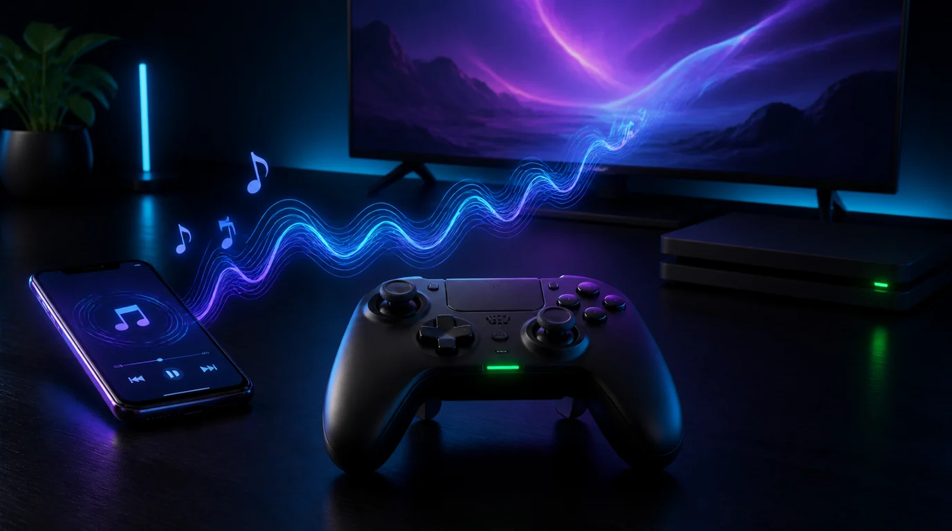 Game controller phone music remote and television connected by an audio waveform
