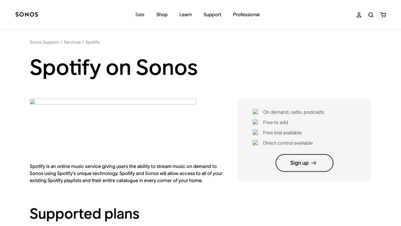 Sonos support page for Spotify as a Sonos music service