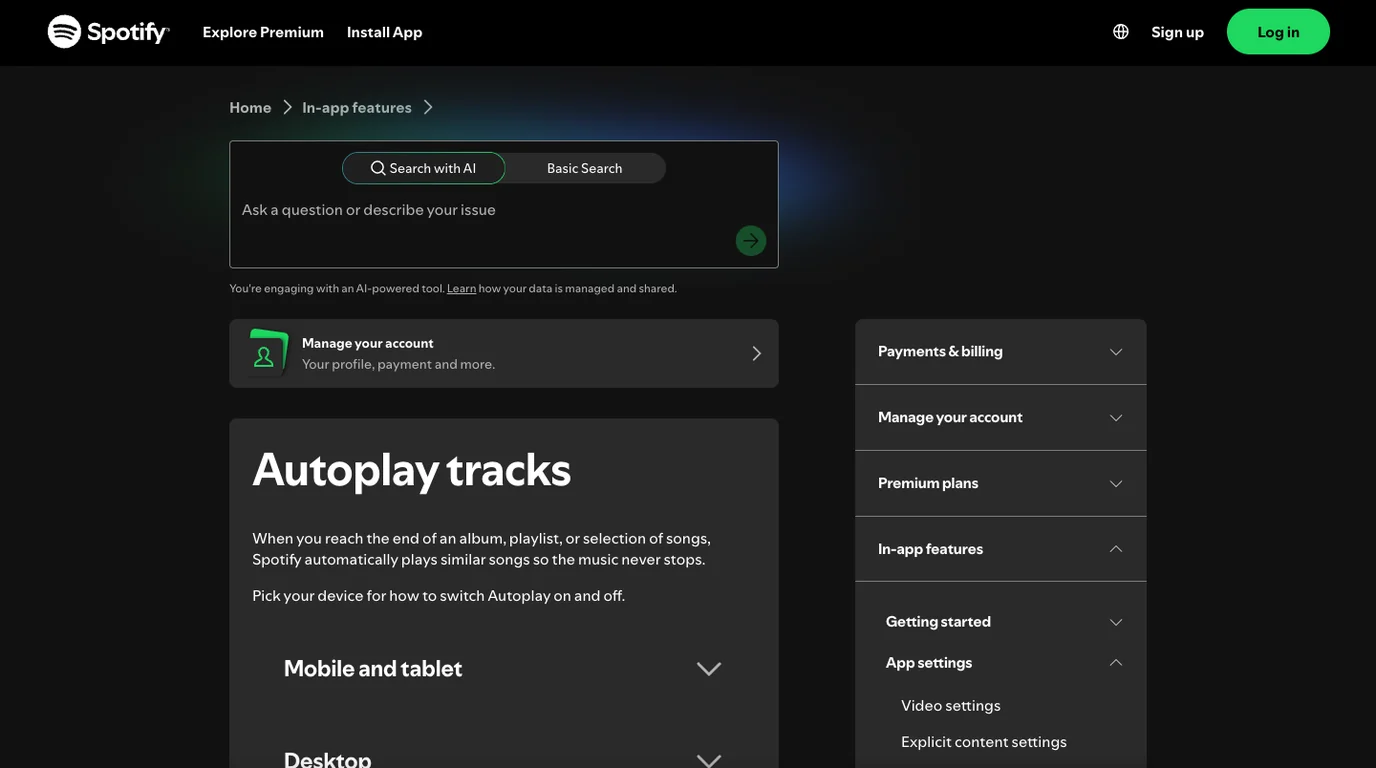 Spotify official Autoplay support page showing mobile and desktop controls