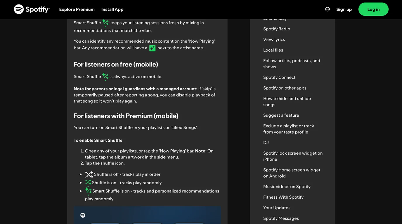 Spotify official Smart Shuffle page explaining recommendations and mobile plan behavior