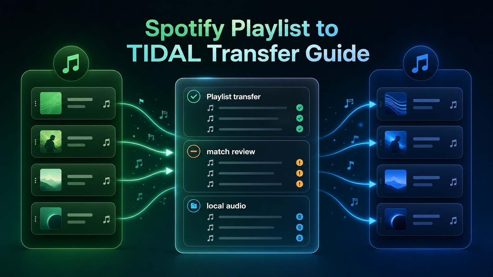 Spotify playlist cards moving to TIDAL with match review and local audio cleanup