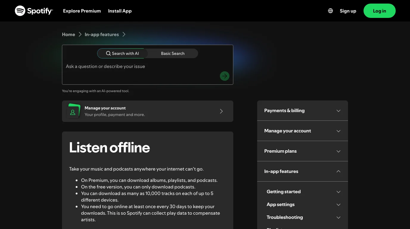 Spotify official listen offline support page with download, offline mode, and storage notes