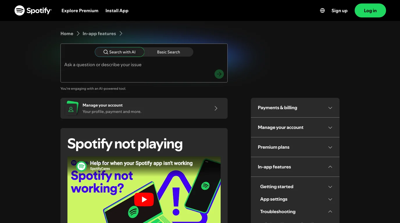 Spotify official not playing support page with playback, device, and known-issue checks