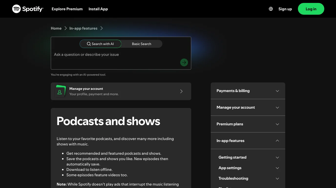 Spotify official podcasts and shows support page with save, download, and video podcast notes