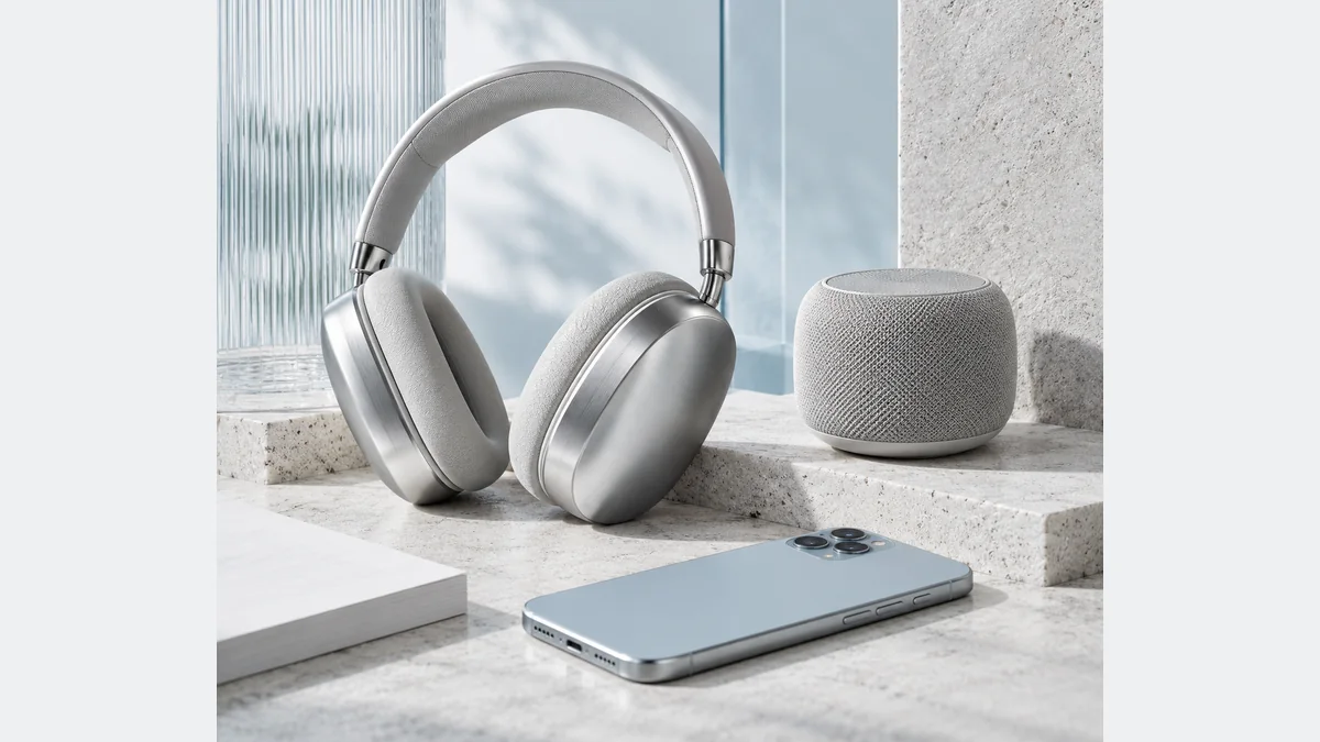 Silver headphones, a smartphone and a small speaker in a listening still life