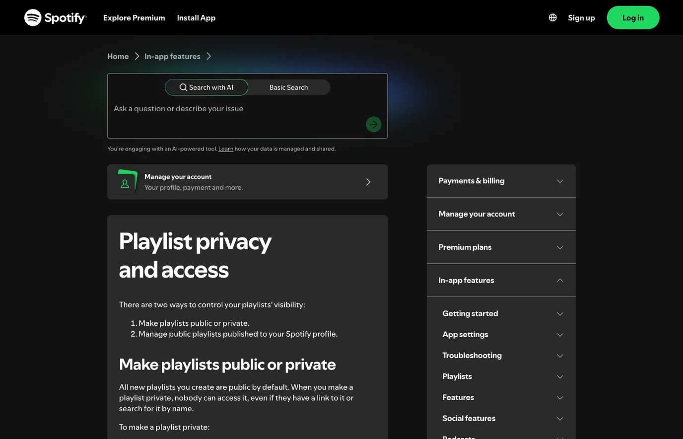 Spotify support page for playlist privacy and access