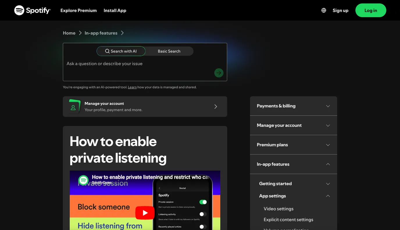 Spotify support page for private listening settings