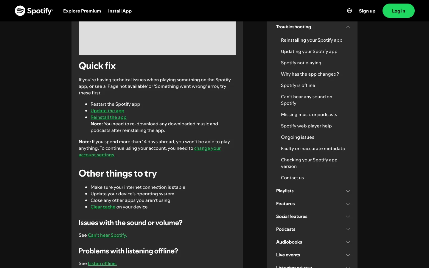 Spotify official support page showing its quick playback fixes