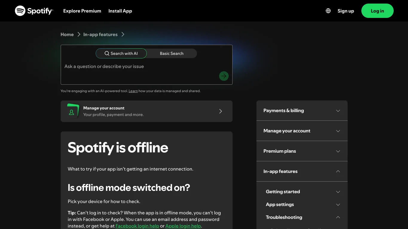 Spotify official support page for checking why Spotify is offline