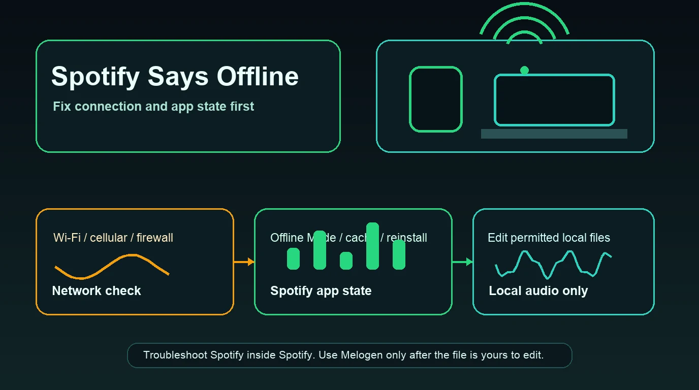 Diagnostic workflow for fixing Spotify offline state before editing permitted local audio