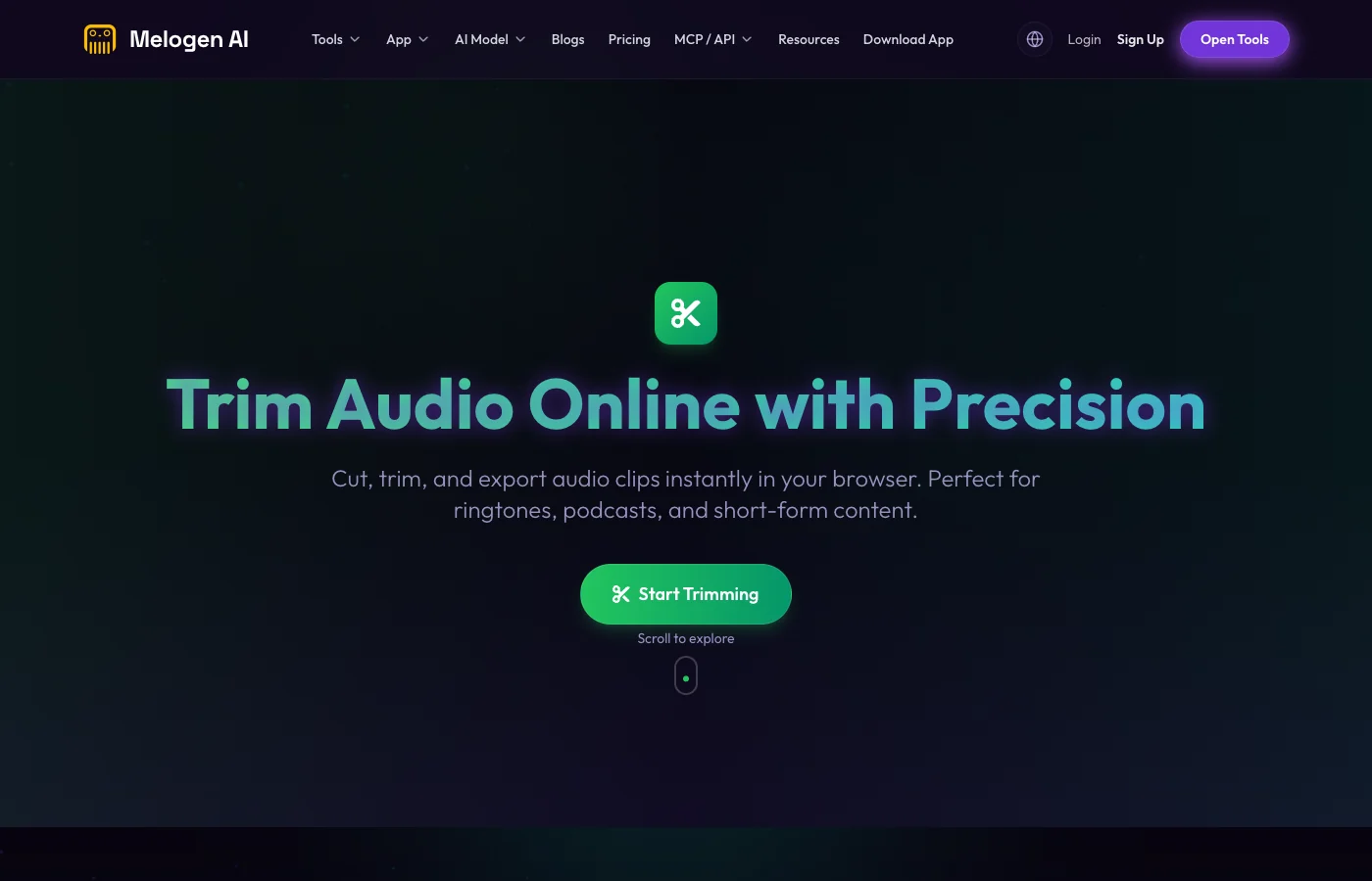 Melogen Music Trimmer page for editing permitted local audio after Spotify search is fixed