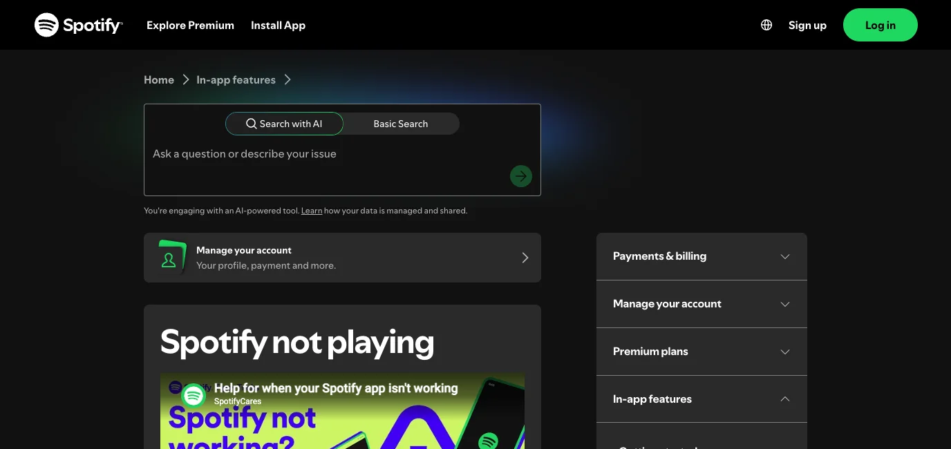 Spotify official support page for broad app playback and error troubleshooting