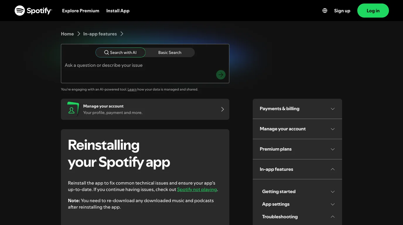 Spotify reinstall support page noting that downloads need to be rebuilt after reinstall
