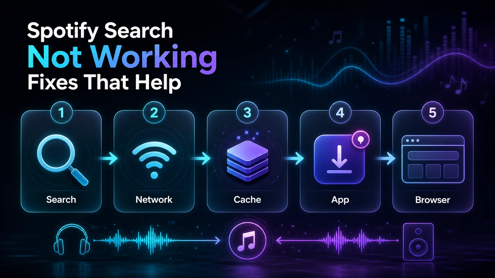 Spotify search troubleshooting flow from search status through network cache app and browser checks