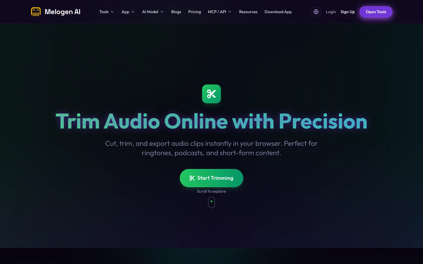Melogen Music Trimmer page for preparing an owned local bedtime audio clip