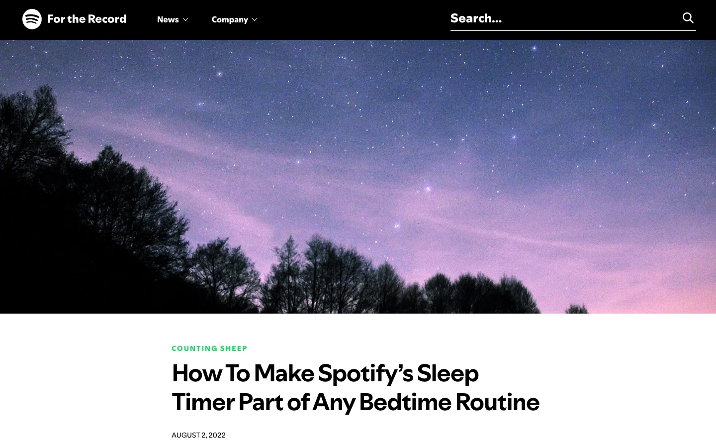 Spotify official newsroom page about making Sleep Timer part of a bedtime routine