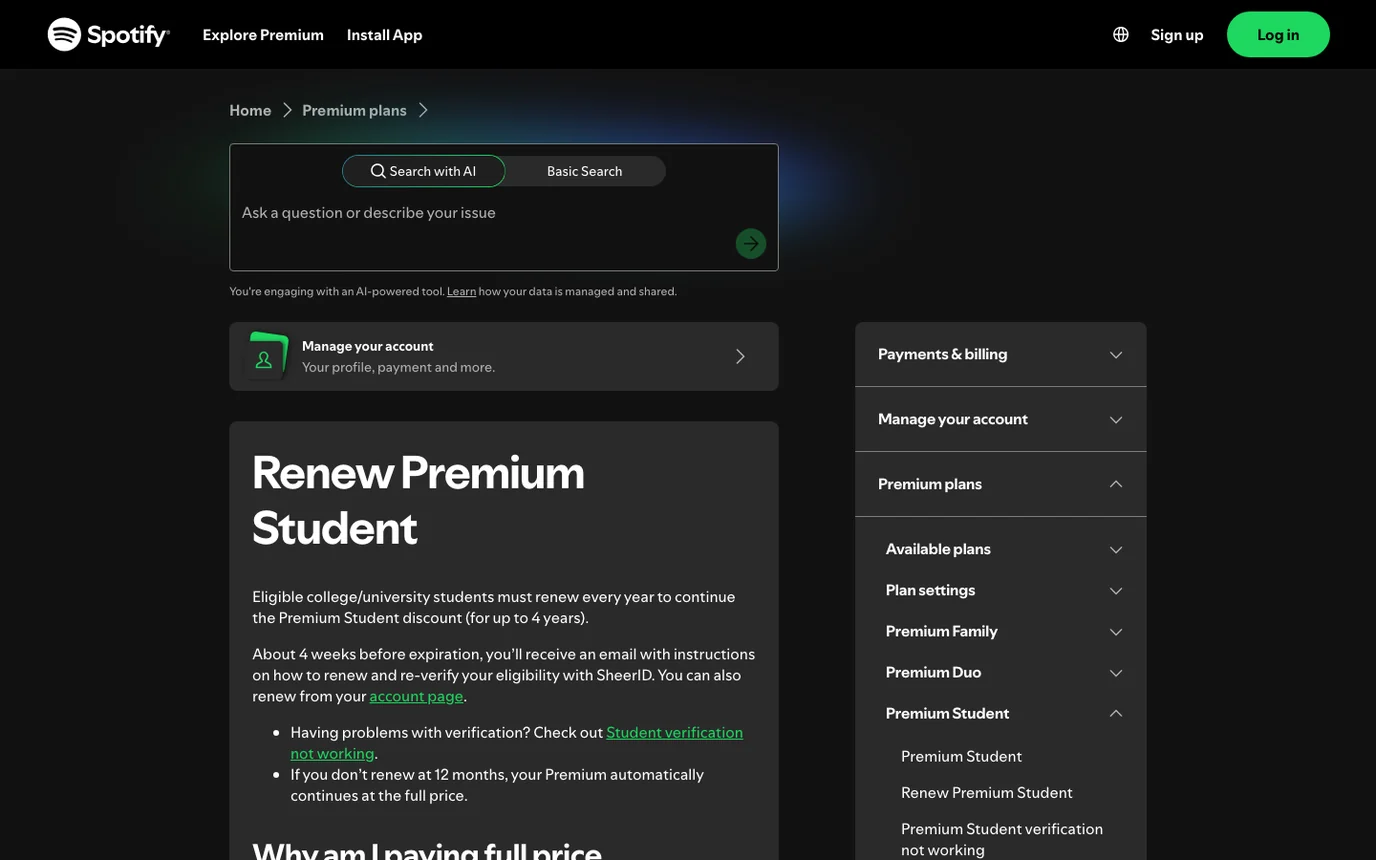 Spotify support page explaining Premium Student renewal and yearly verification