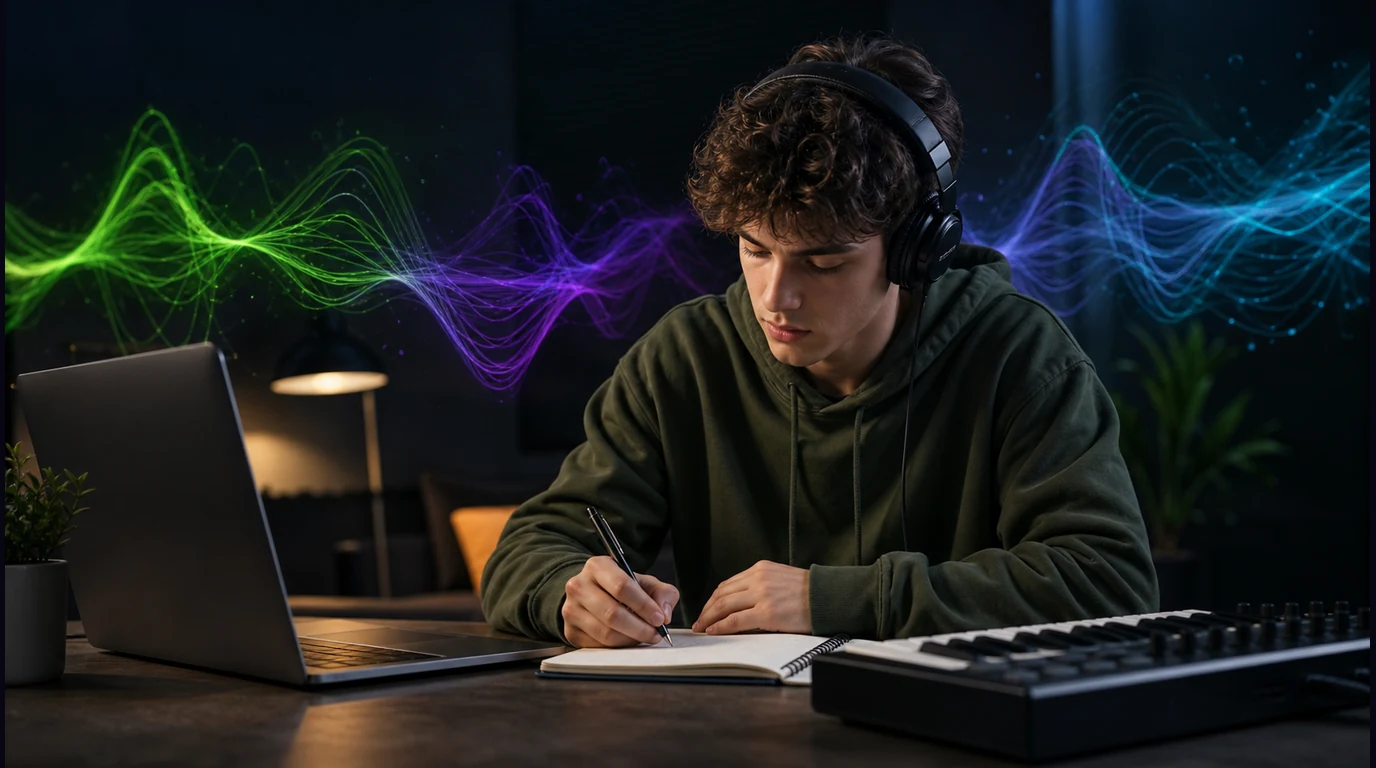 Student musician planning music listening with headphones laptop notebook and waveform lights