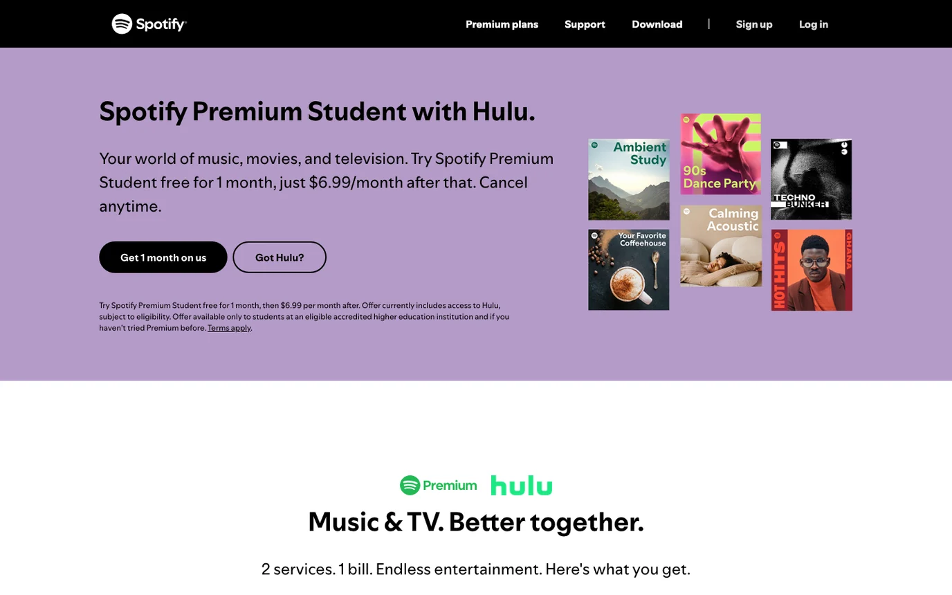Spotify official Student plan page showing the current student price and Hulu mention