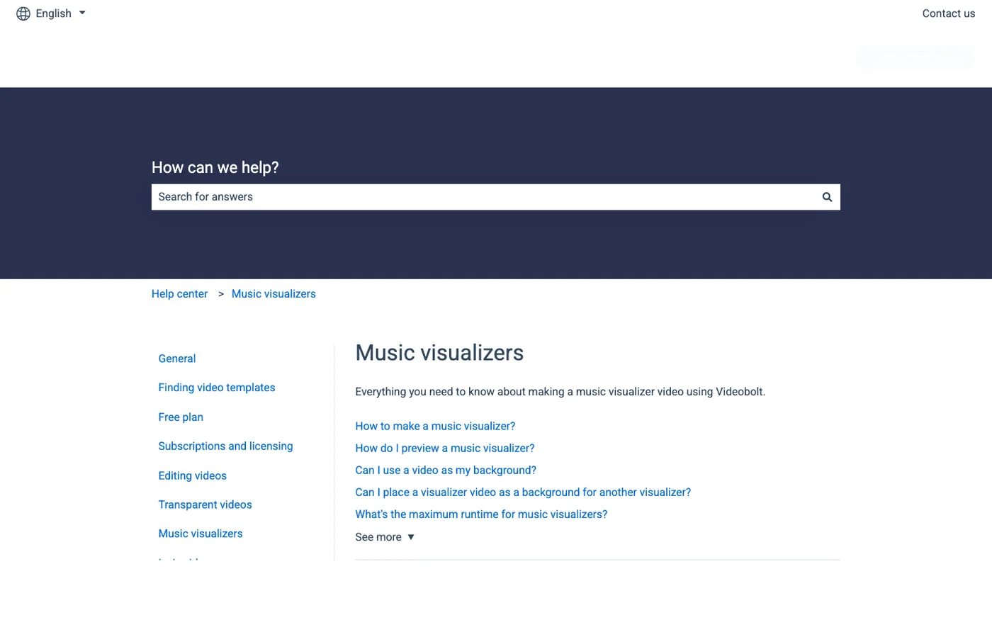 Videobolt music visualizer help page screenshot