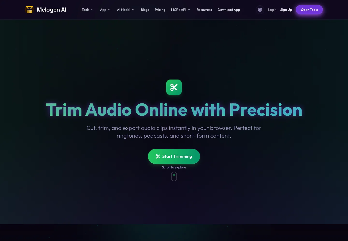 Melogen Music Trimmer page for preparing owned audio clips before playlist use