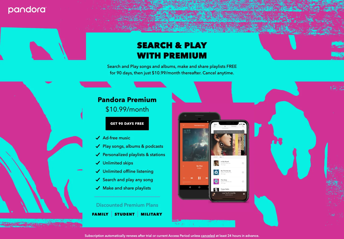 Pandora Premium page showing the on-demand Premium plan and core listening features
