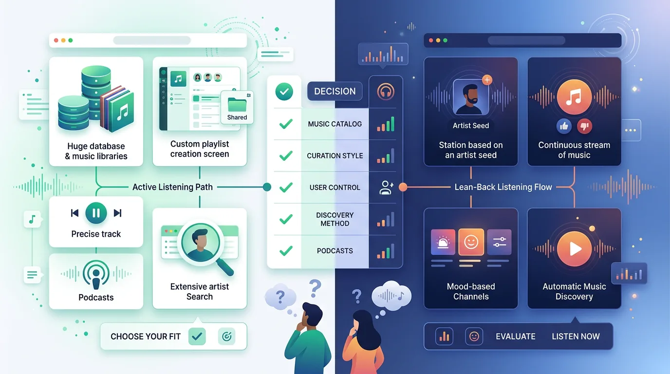 Spotify and Pandora comparison cover with streaming app decision cards