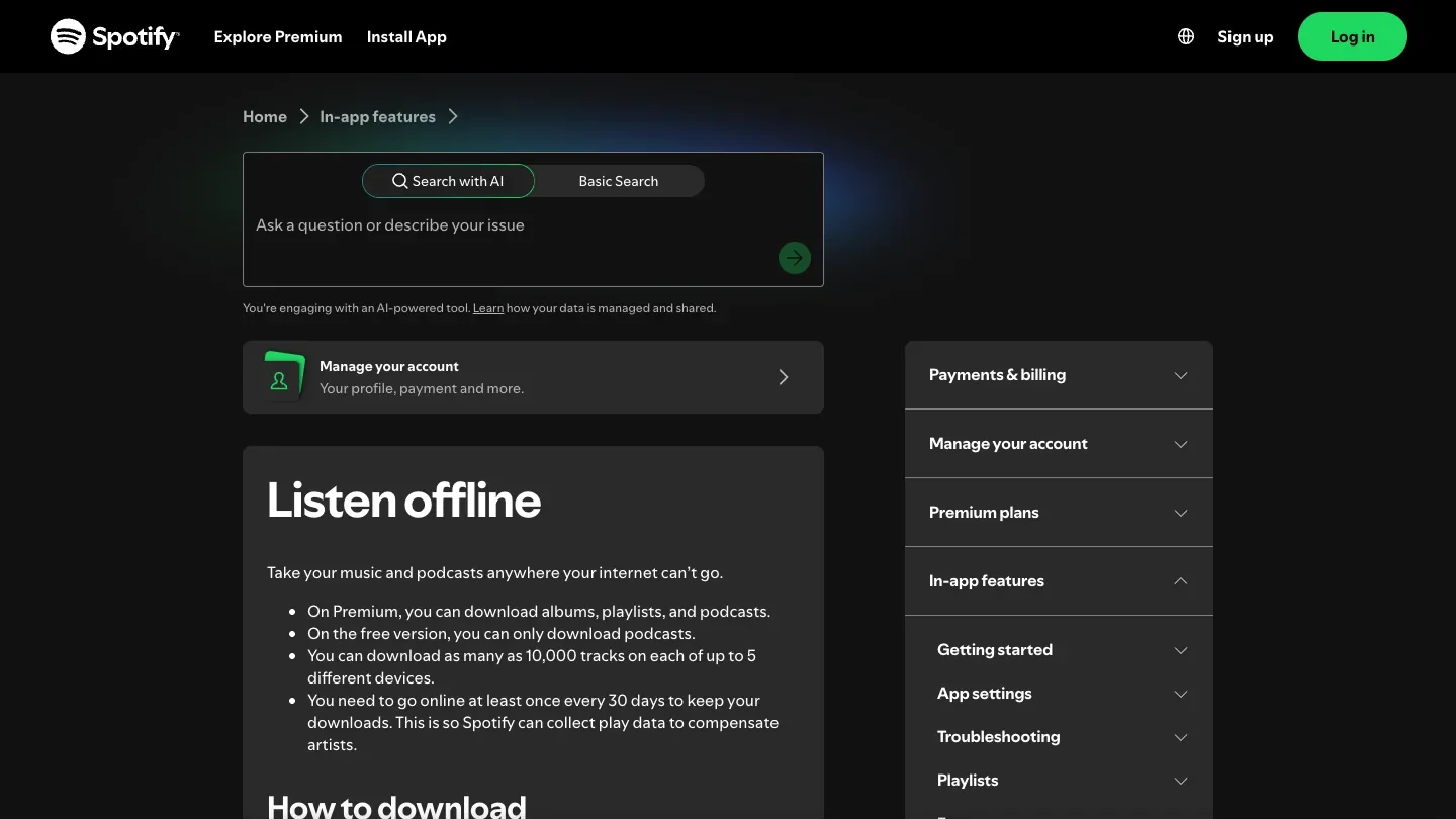 Spotify official Listen offline support page for offline downloads and Offline Mode