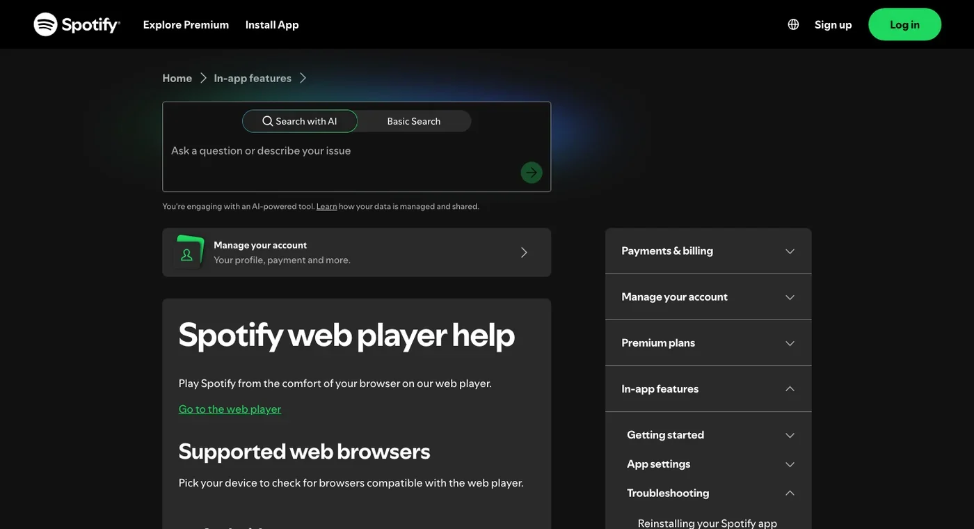 Spotify Web Player official help page showing browser support and troubleshooting sections