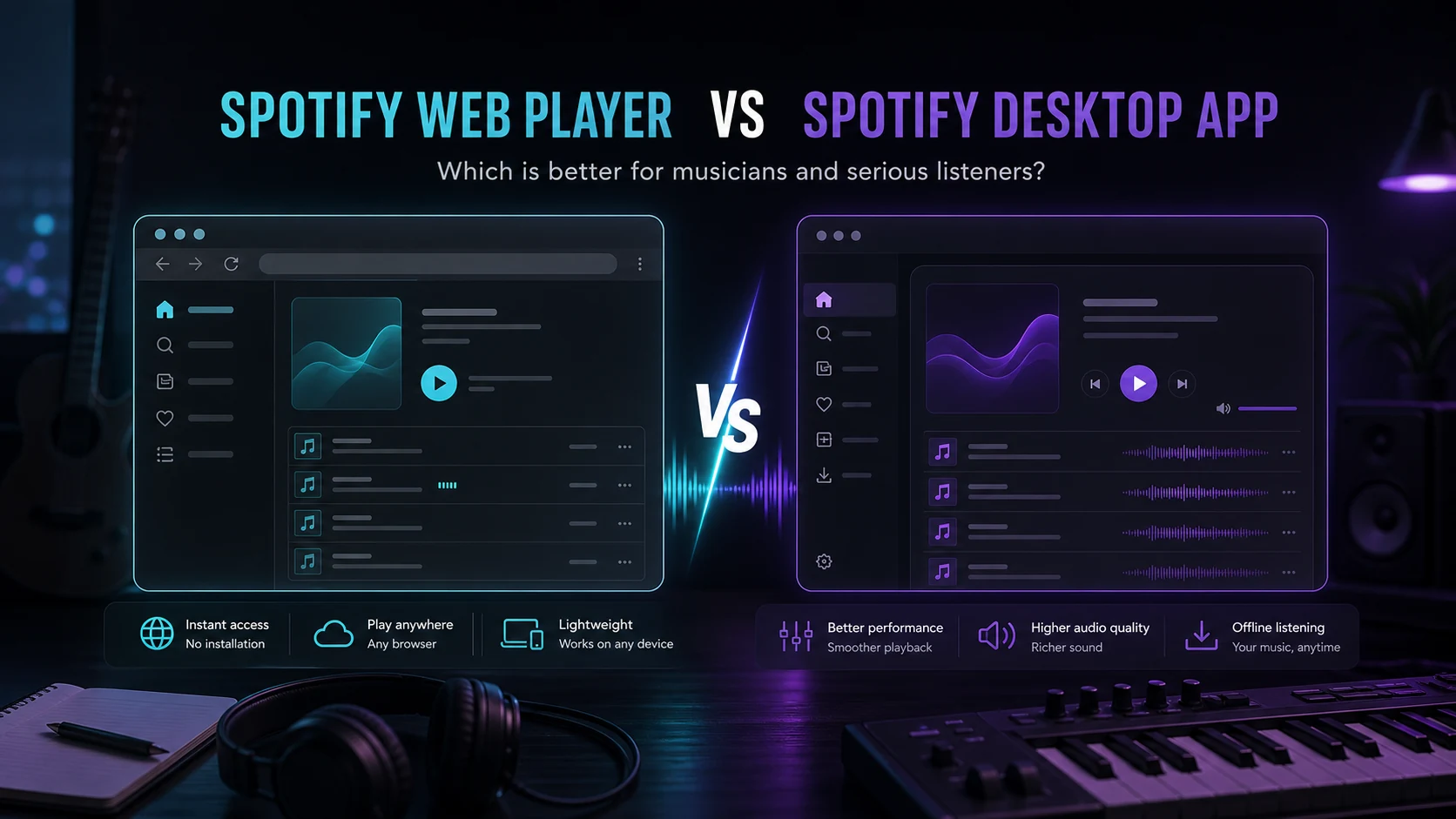 Browser playback and desktop playback panels compared for Spotify music workflows