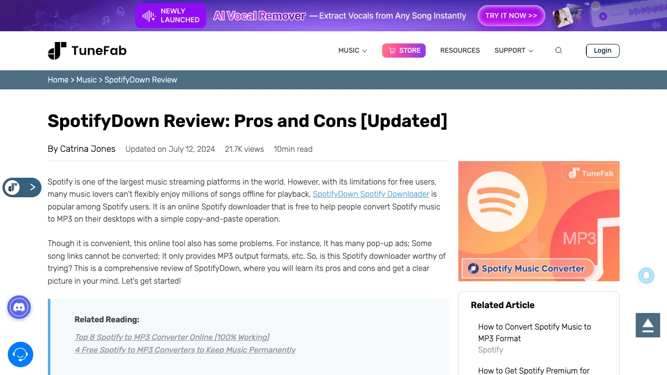 Screenshot der öffentlichen TuneFab SpotifyDown Review-Seite