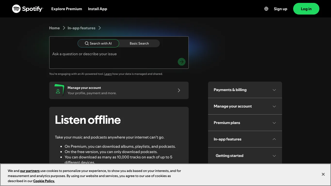 Spotify official offline listening support page screenshot