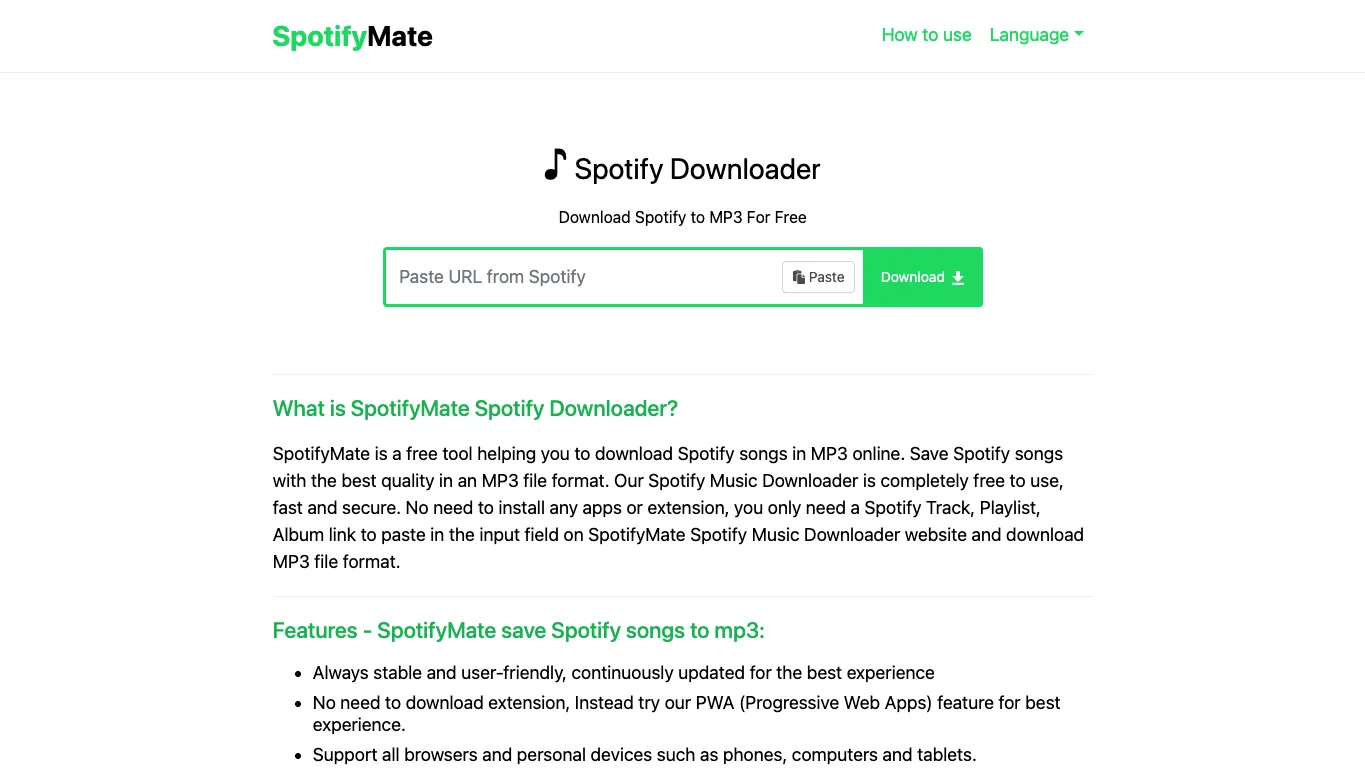 SpotiMate public Spotify downloader page screenshot