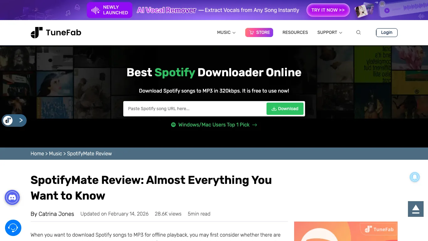 TuneFab SpotifyMate review public page screenshot