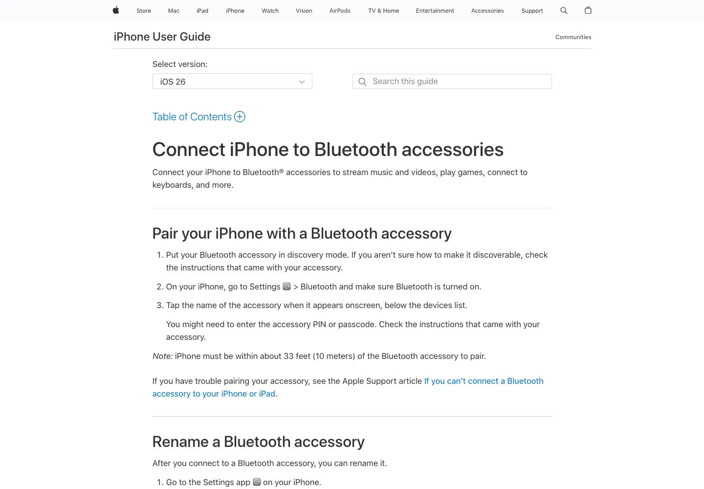 Apple iPhone User Guide page for Bluetooth accessory pairing and unpairing