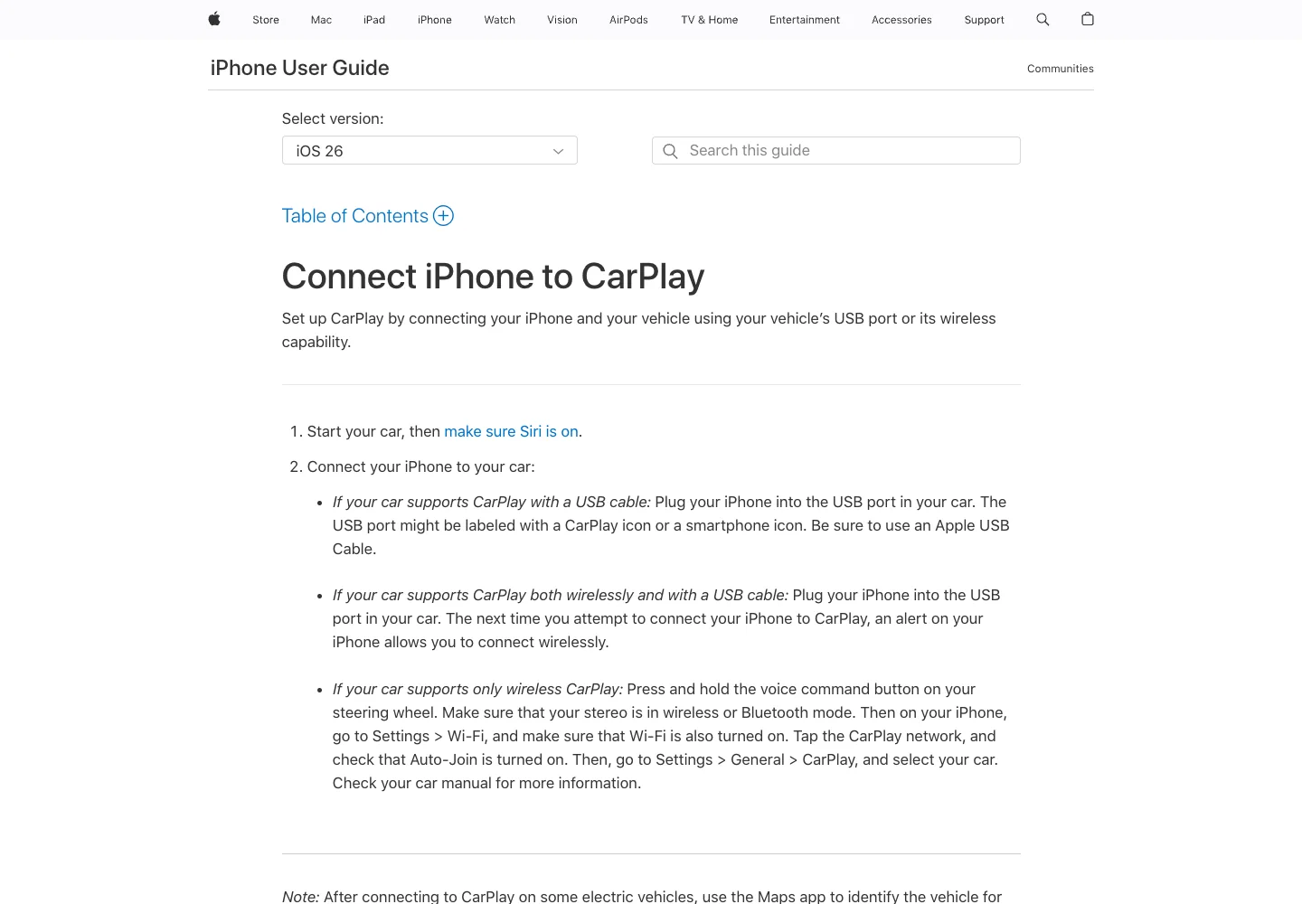 Apple iPhone User Guide page for connecting iPhone to CarPlay