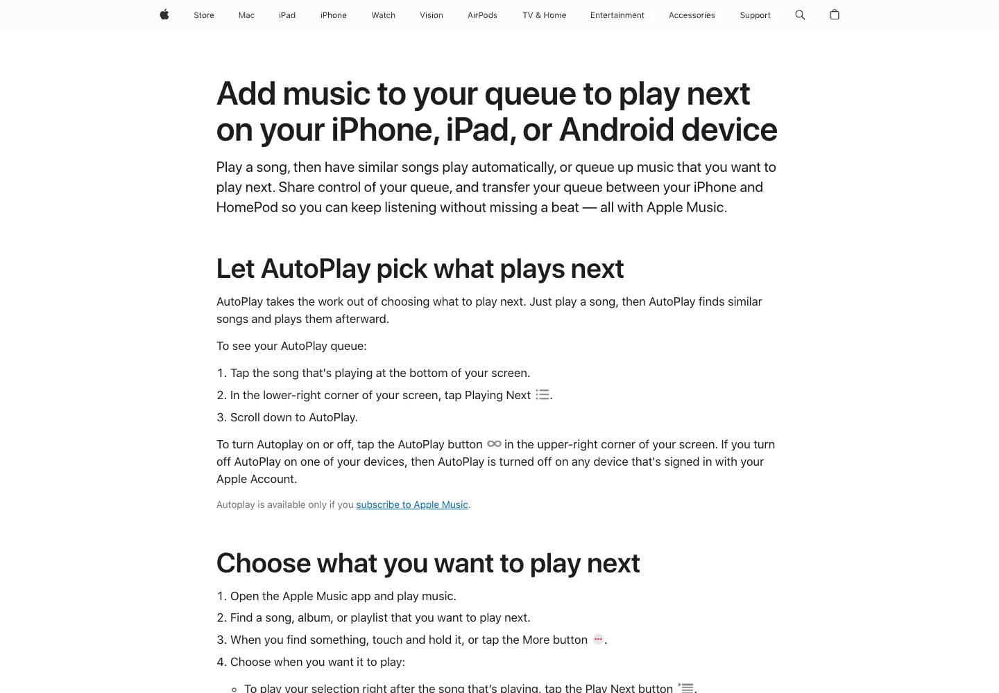 Apple support page explaining Apple Music queue Autoplay controls