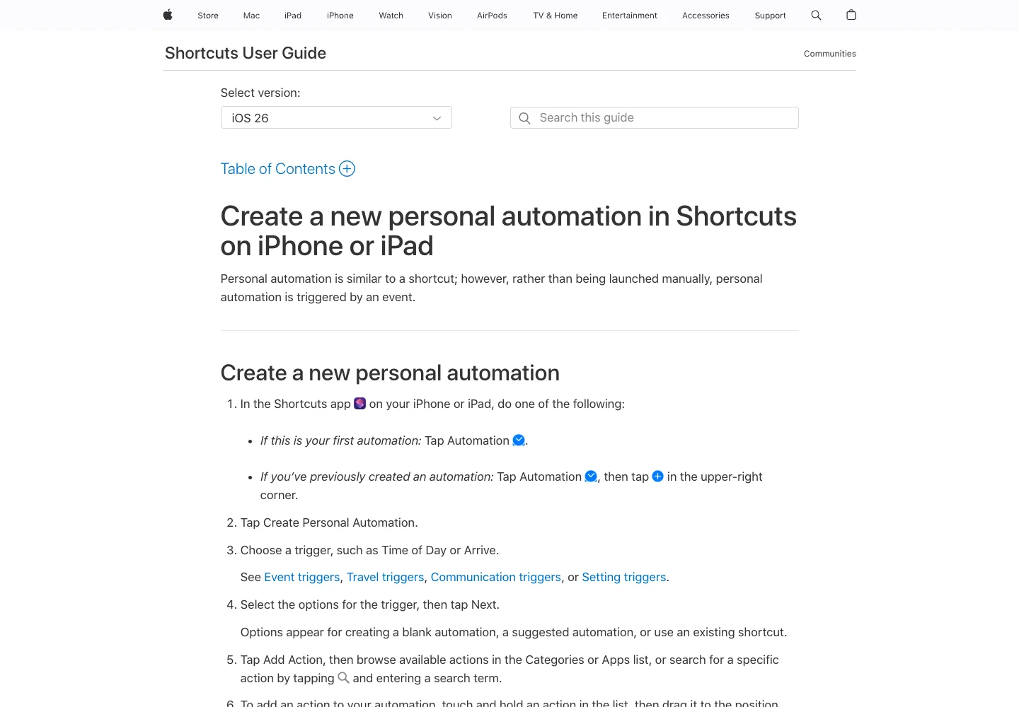 Apple Shortcuts User Guide page for creating a personal automation