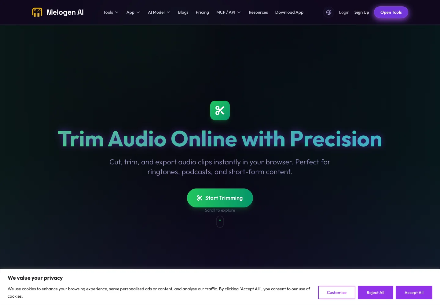 Melogen Music Trimmer page for editing owned local audio clips