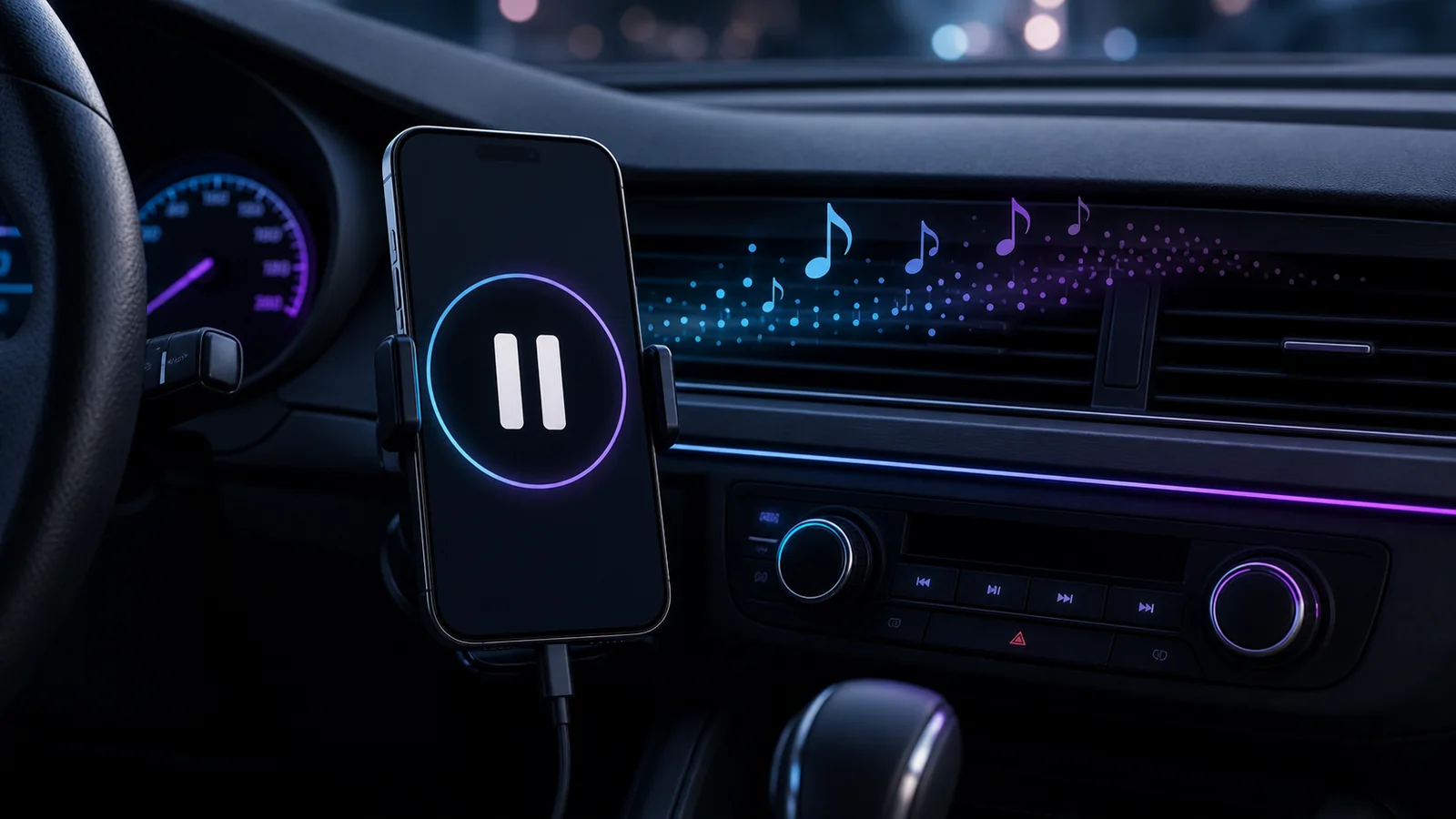 Generic phone pause control in a car dashboard showing music autoplay stopped
