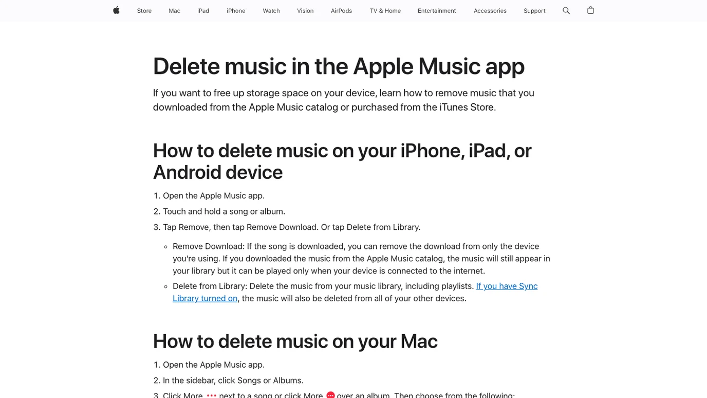 Apple support page explaining Remove Download and Delete from Library in Apple Music