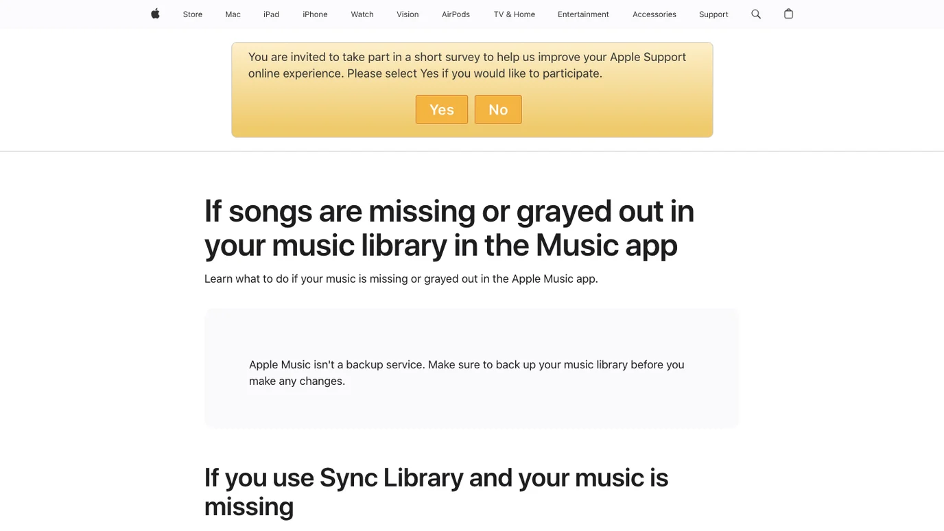 Apple support page for missing or grayed out songs in the Music app