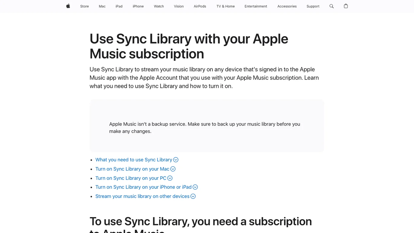 Apple Sync Library support page showing the backup warning and setup sections