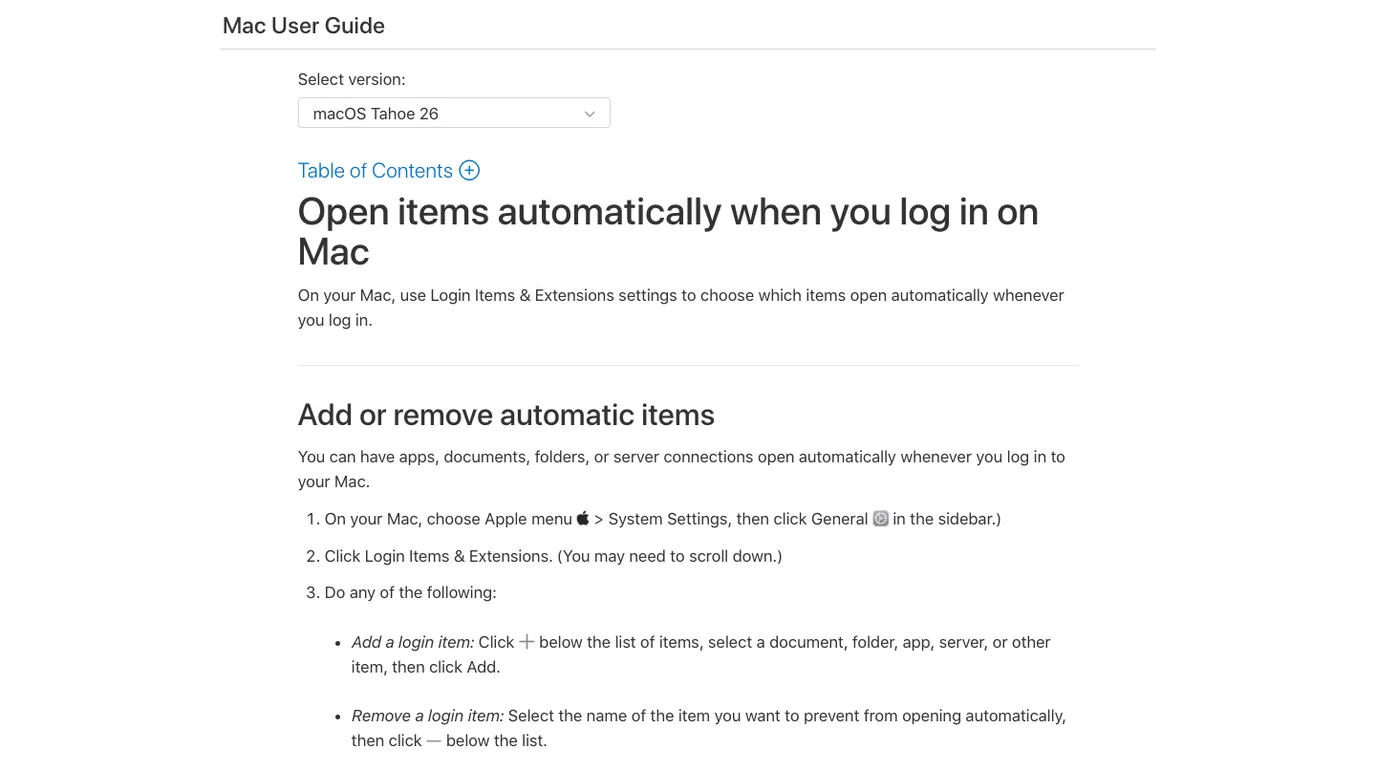 Apple Mac User Guide showing the Login Items and Extensions path for automatic launch items