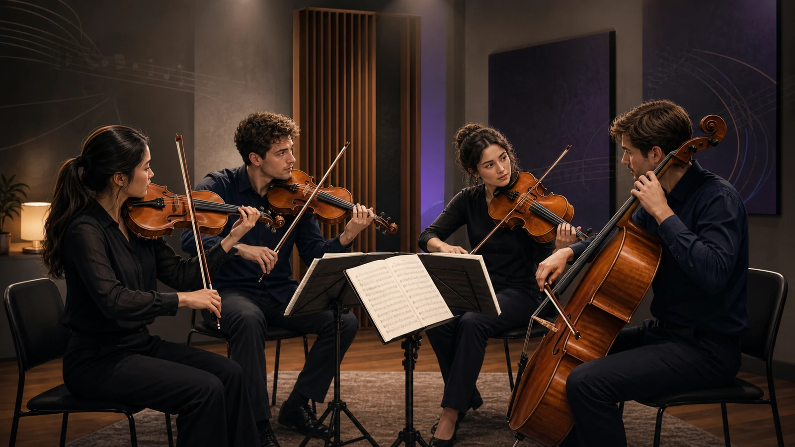 Four string players rehearsing around one shared quartet score