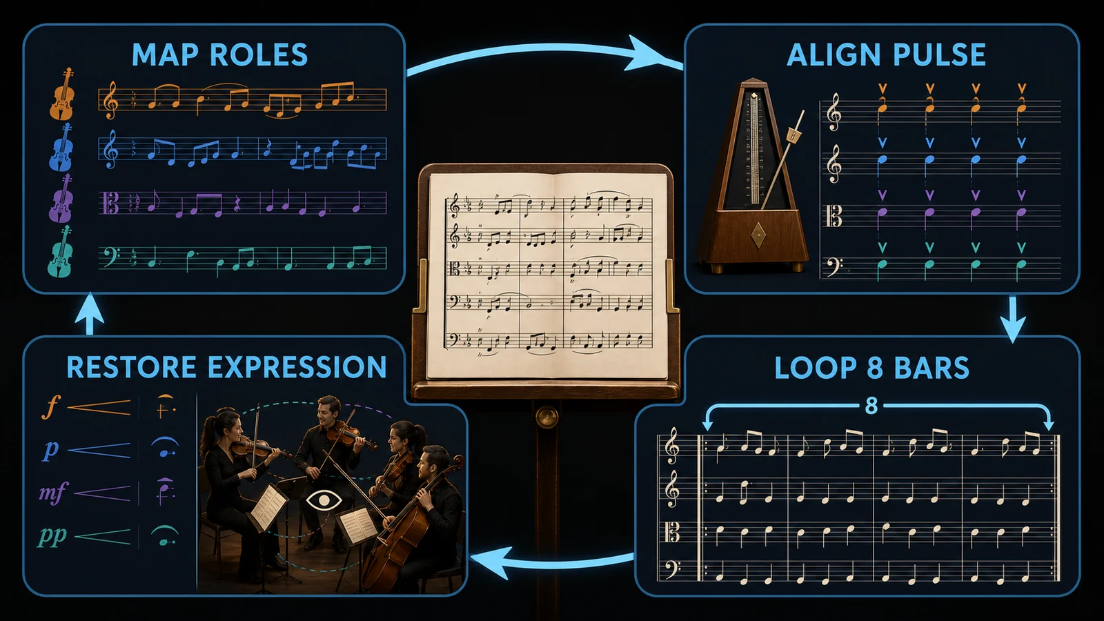 Four-step string quartet rehearsal loop from role mapping to restored expression