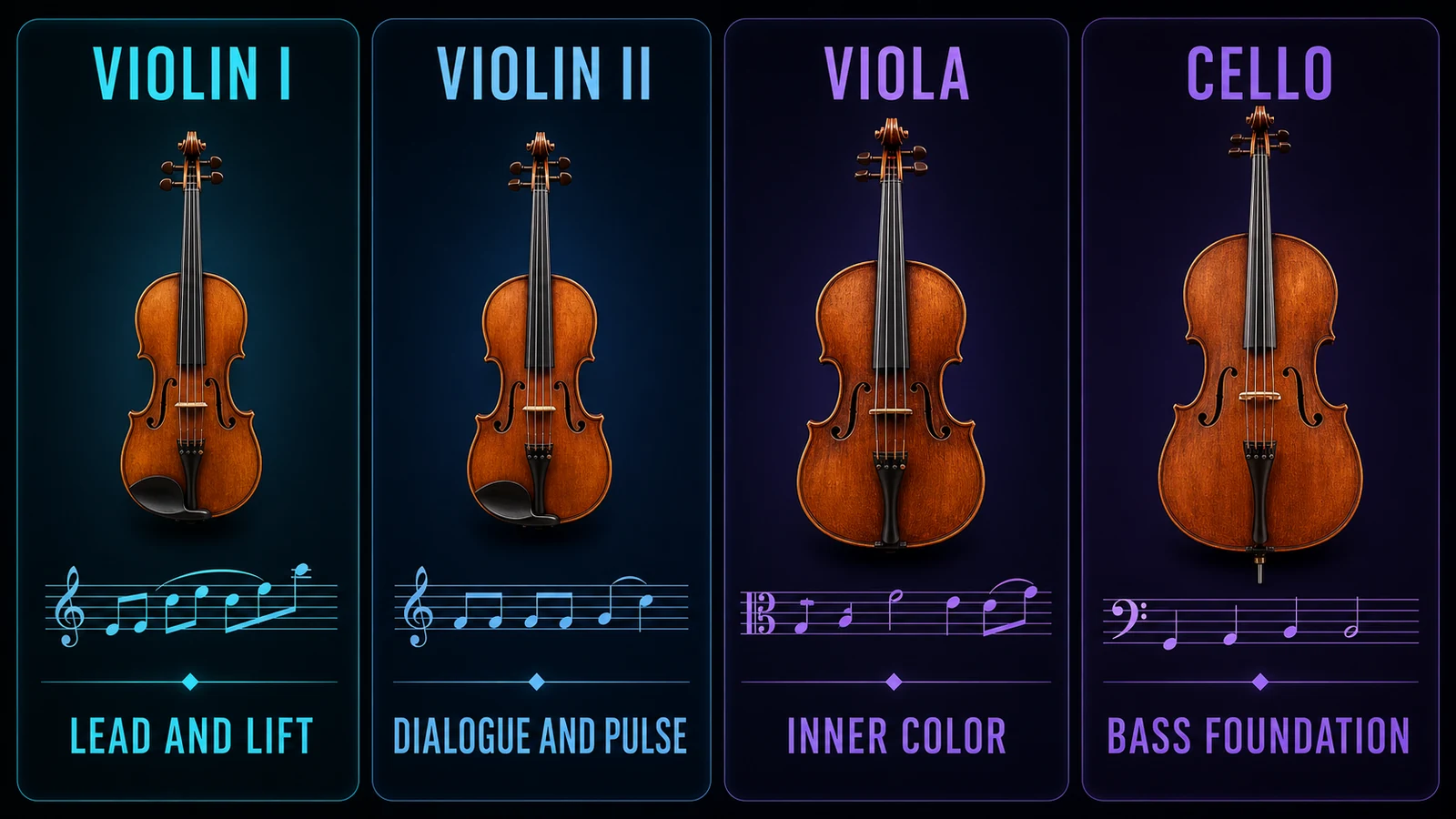 String quartet role map for Violin I, Violin II, viola, and cello