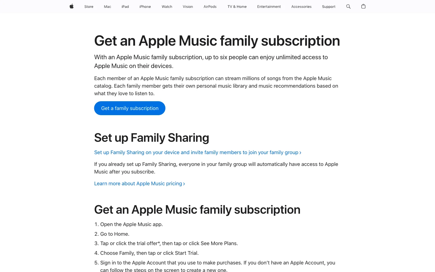 Apple Support page explaining the Apple Music family subscription and Family Sharing setup
