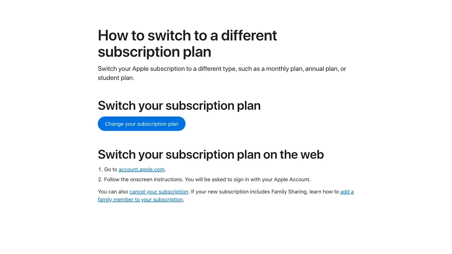 Apple Support page showing current subscription plan switching routes