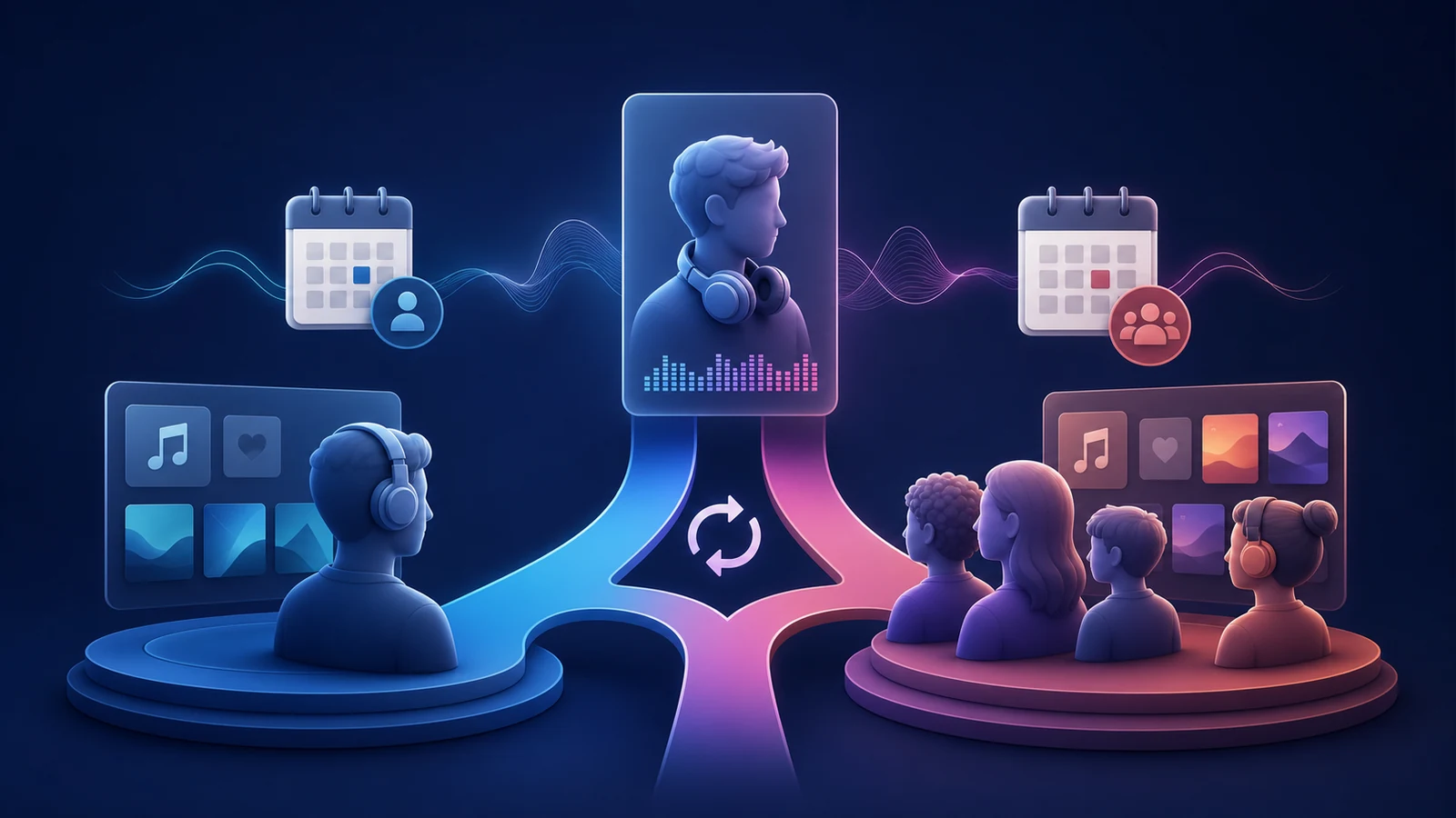 Single listener and household music profiles connected by a reversible subscription plan path